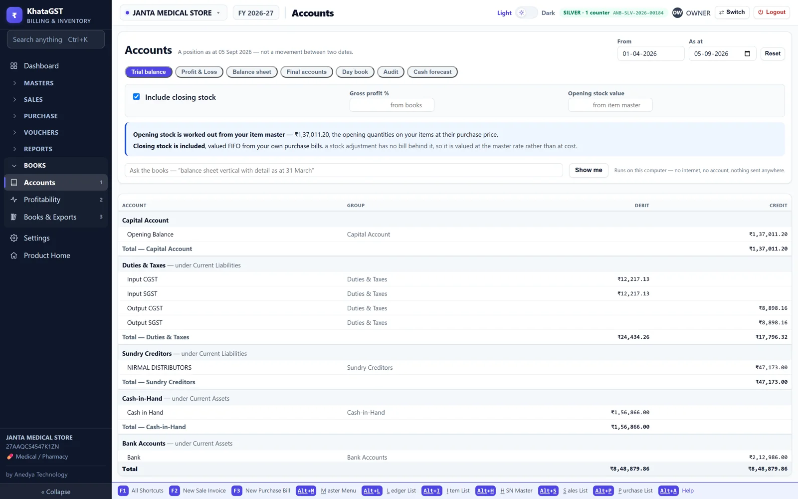 Aned Book trial balance, built automatically from invoices, purchases, receipts and payments