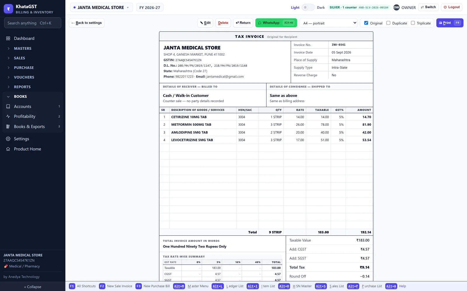 A real Aned Book tax invoice as printed, with batch, expiry, HSN and GST rate-wise summary